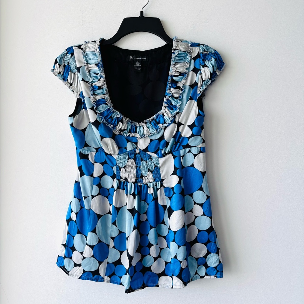 Y2K INC Blouse Blue Polka Dot Silk Satin Scoop Neck Smocked Cap Sleeve Womens 4